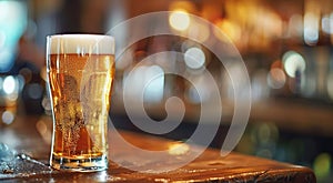 Delicious natural beer with foam from glass on the bar counter of the restaurant