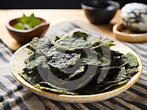 Delicious natural organic seaweed nori snack chips, roasted seasoned crispy sheets of seaweed.