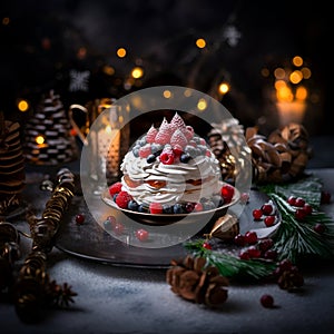 Delicious New Year\'s Meringue Topped with Fresh Berries and Cream