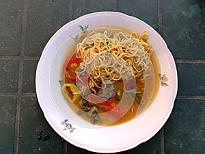 Delicious noodle soup with seasonal vegetables in a plate
