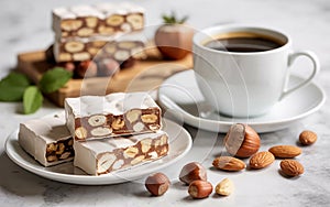 Delicious nougat and coffee composition with nuts on a marble surface lifestyle setting