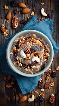 Delicious nut and dried fruit mix in bowl on rustic wooden table