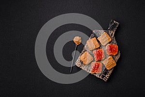 Delicious nutritious sandwiches with peanut butter, strawberry jam