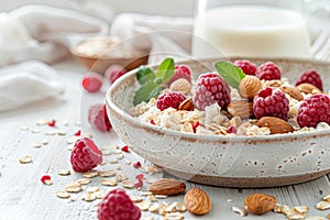 Delicious nutty raspberry oatmeal with milk on white wooden table for a wholesome breakfast photo