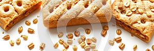 Delicious oat bars with nuts and seeds displayed on a white surface with scattered grains all around photo