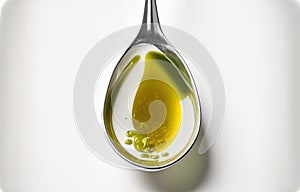 Delicious olive oil spoon on a white backdrop