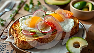 Delicious Open-Faced Avocado Toast with Fried Eggs and Fresh Vegetables on Wooden Table photo