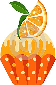 Delicious orange cupcake with slice of orange and leaf