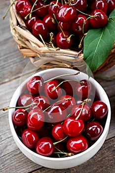 Delicious organic cherries in a basket