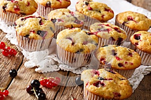 Delicious organic muffins with a berry mix close-up. horizontal
