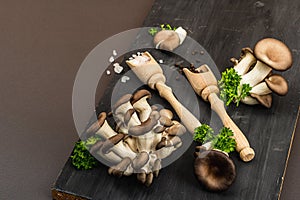 Delicious organic oyster mushrooms with spices and fresh parsley on wooden cutting board