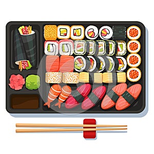 Delicious oriental takeaway sushi set on tray