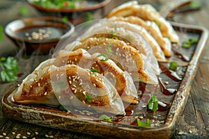 Delicious Pan Fried Gyoza Dumplings on Wooden Board with Soy Dipping Sauce and Scallions, Asian Cuisine Concept for Restaurants