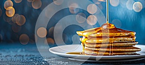 Delicious pancake in maple syrup on white plate with blue background enhancing sweetness