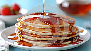 Delicious pancake with maple syrup on white plate, complemented by calming blue background