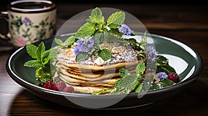 Delicious pancakes with berries and mint