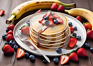 Delicious pancakes with berries on a plate. Pancakes with blueberries and strawberries with chocolate on a plate