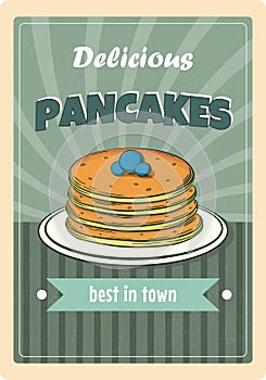 Delicious pancakes with berries vintage advertisement poster template for print