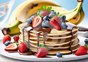 Delicious pancakes with chocolate and fruits on a plate. Pancakes with banana blueberry and strawberry with chocolate on a white