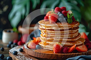 Delicious pancakes with fresh berries and maple syrup on table. American pancakes with honey and fruits. Stack of fresh crepes