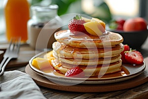 Delicious pancakes with fresh berries and maple syrup on table. American pancakes with honey and fruits. Stack of fresh crepes