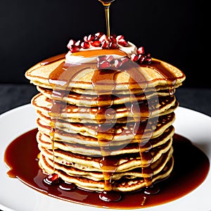 Delicious pancakes with fresh pomegranate and caramel syrup.