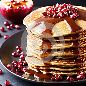 Delicious pancakes with fresh pomegranate and caramel syrup.