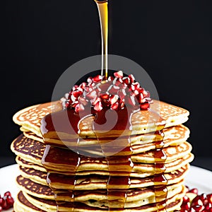 Delicious pancakes with fresh pomegranate and caramel syrup.