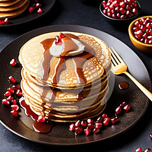 Delicious pancakes with fresh pomegranate and caramel syrup.