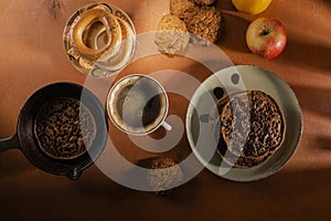 Delicious pancakes- morning breakfast table. Still life - dark photo style. Culinary background - tasty food