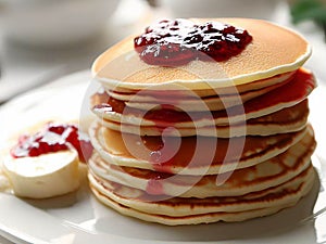 Delicious pancakes on plate with maple syrup