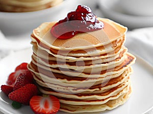 Delicious pancakes on plate with maple syrup