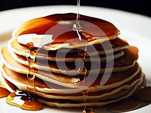 Delicious pancakes on plate with maple syrup