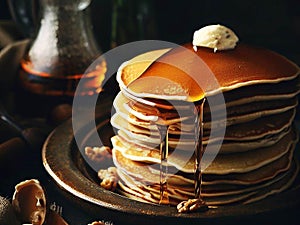 Delicious pancakes on plate with maple syrup