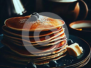 Delicious pancakes on plate with maple syrup