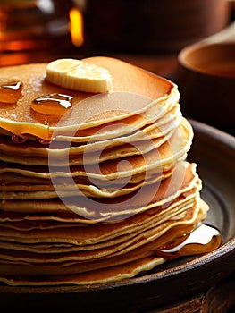 Delicious pancakes on plate with maple syrup