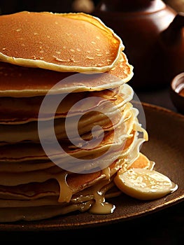 Delicious pancakes on plate with maple syrup