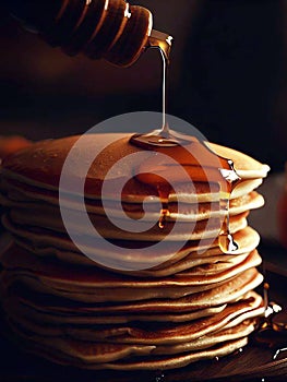 Delicious pancakes on plate with maple syrup