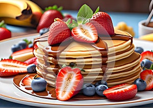 Delicious pancakes with syrup and fruits on a plate. Pancakes with blueberries and strawberries with syrup on a white plate
