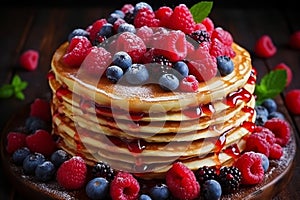Delicious pancakes topped with fresh berries and drizzled with sweet maple syrup at an upscale cafe