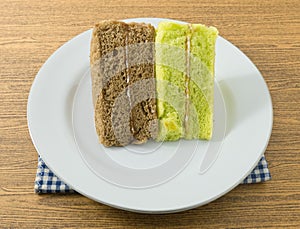 Delicious Pandan and Coffee Chiffon Cake on A Dish