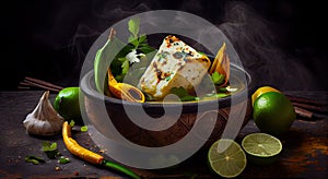 Delicious Paneer Tikka in Bowl with Vegetables on Foody Theme Background AI Generative