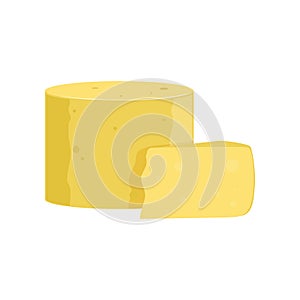Delicious Parmesan cheese in rounded cylinder shape. Natural dairy product. Gourmet food. Isolated flat vector design