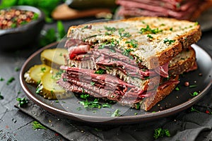 Delicious pastrami sandwich made with wholegrain bread with fresh salad and pickle