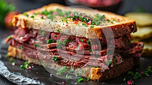 Delicious pastrami sandwich made with wholegrain bread with fresh salad and pickle