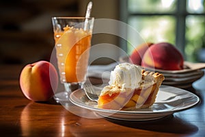 Delicious Peach Pie with Vanilla Ice Cream and Iced Tea
