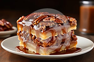 Delicious pecan pie - sweet and nutty dessert for restaurant menu with custom text space