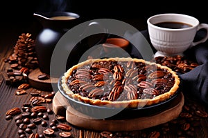 Delicious pecan pie - sweet, nutty southern dessert perfect for restaurant menu with space for text