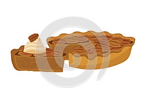 Delicious pecan pie with whipped cream icon vector