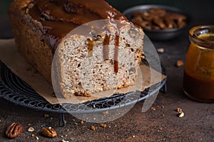 Delicious pecans and caramel banana loaf cake